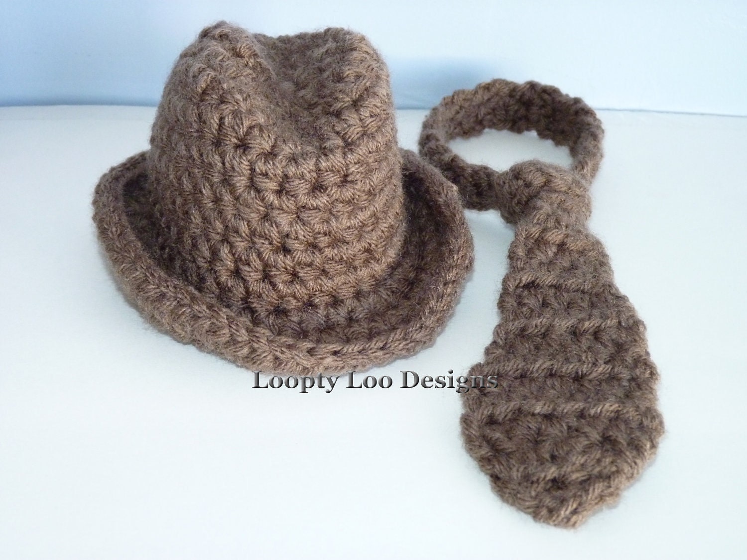 Boy Cowboy, Fedora Hat and Tie Set, Baby Boy, Newborn Photo Prop, Brown hat, Crochet hat - Sizes NEWBORN TO 12 MONTHS -more colors