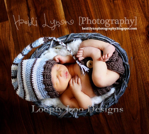 Baby Boy Stocking Hat and Diaper Cover -Newborn Photo Prop,Elf Hat, Photo Prop Boy, Blue Stripes- Sizes NEWBORN TO 12 MONTHS -more colors