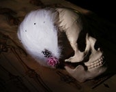 Pink Blush Headband - white hackle feathers on pink satin headband with guinea and pink silk flower