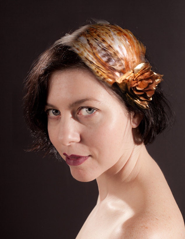 Golden Rose Headband - chinchilla and black hackle feathers with a metallic gold silk rose