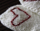 Knitted white cream mittens gloves red heart warm fuzzy love valentines