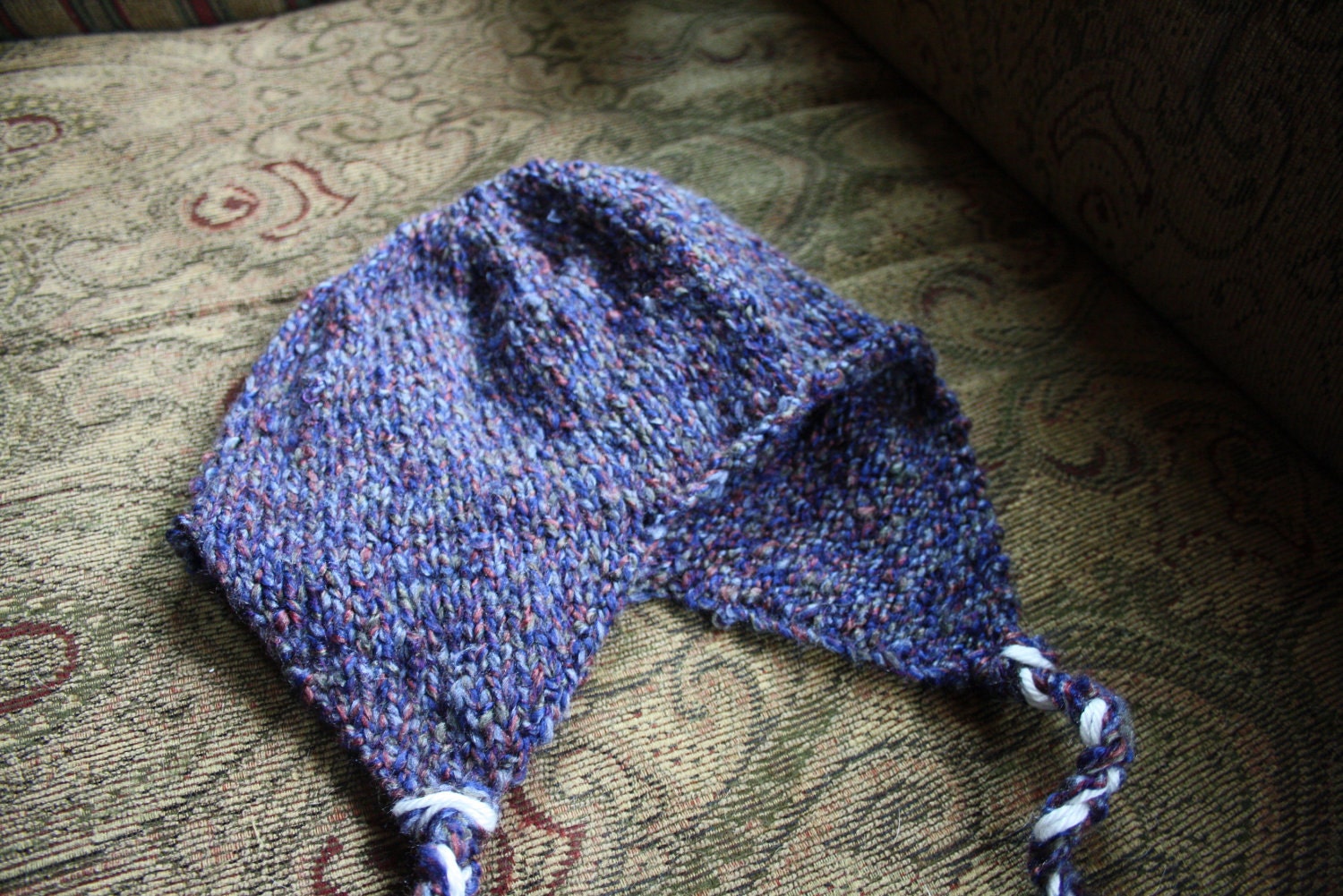 Knit Ear flap Toque -  blue red multicolor - men or women - hat cap beanie