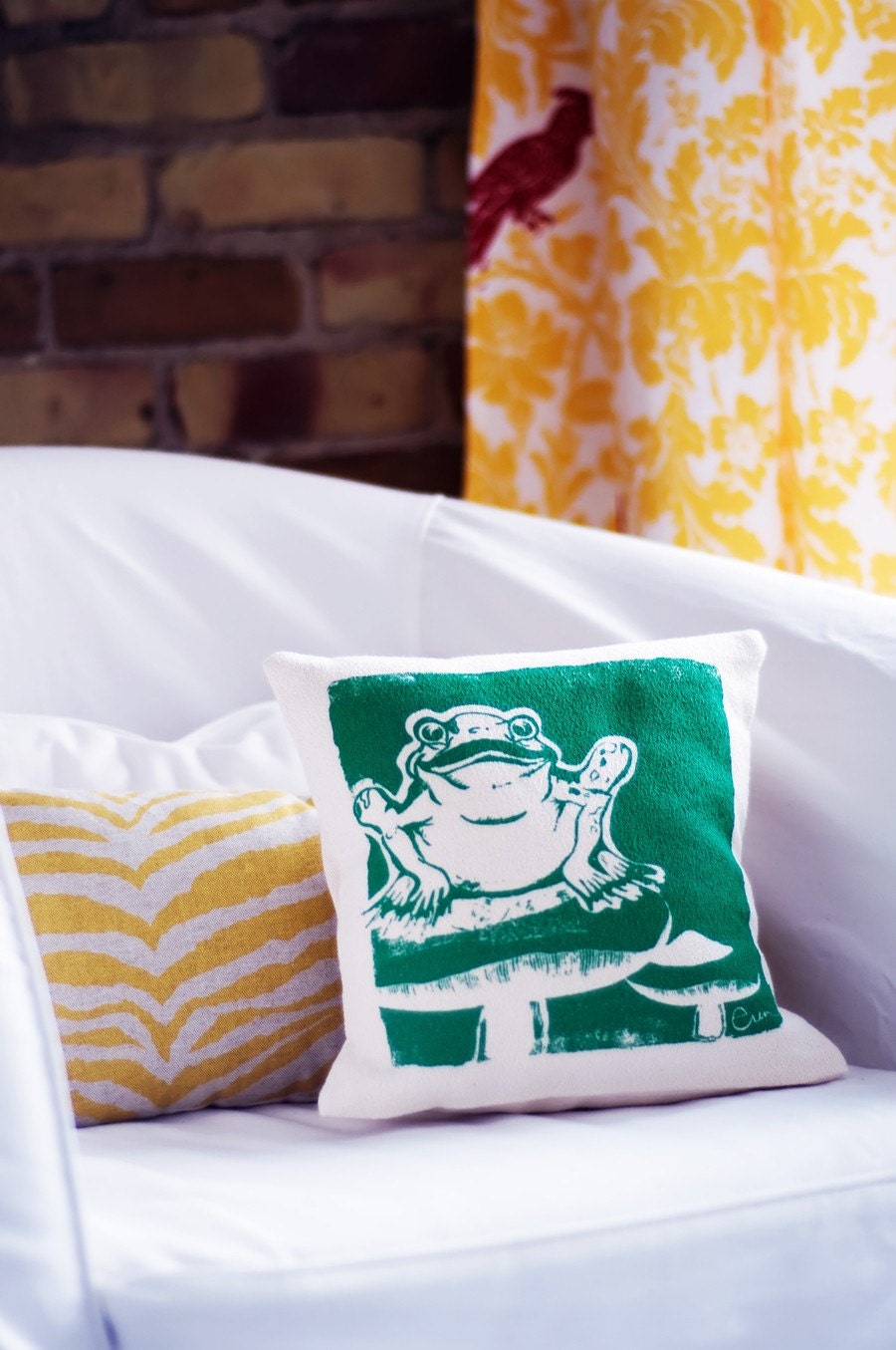 Decorative Pillow,Teal, Froggie, Cotton Bark Cloth, 10x10 inch, Hand Screened