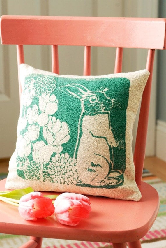 Decorative Pillow, Teal, Bunny Hand Screened on Cotton Bark Cloth, 10x10 inch