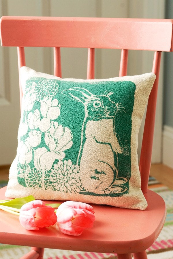 Decorative Pillow, Teal, Bunny Hand Screened on Cotton Bark Cloth, 10x10 inch