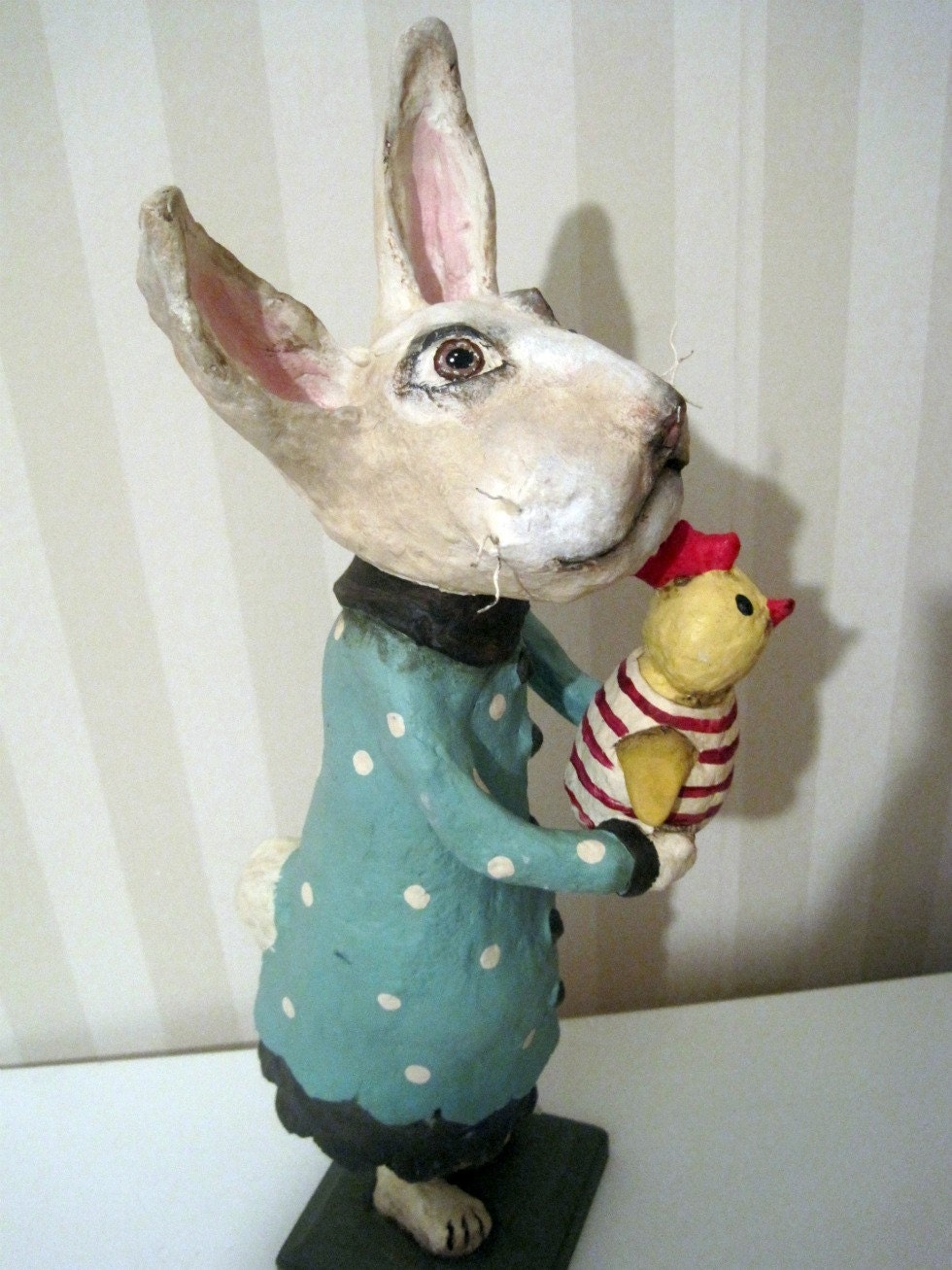 White Rabbit - papier mache- folk art- handmade art doll- folk art- ooak doll- blue