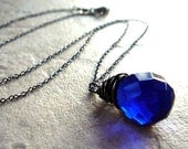 faceted dark navy sapphire blue glass on oxidized sterling silver - midnight garden necklace