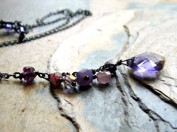 faceted violet purple teardrop with glass beads on oxidized sterling silver - violet light necklace