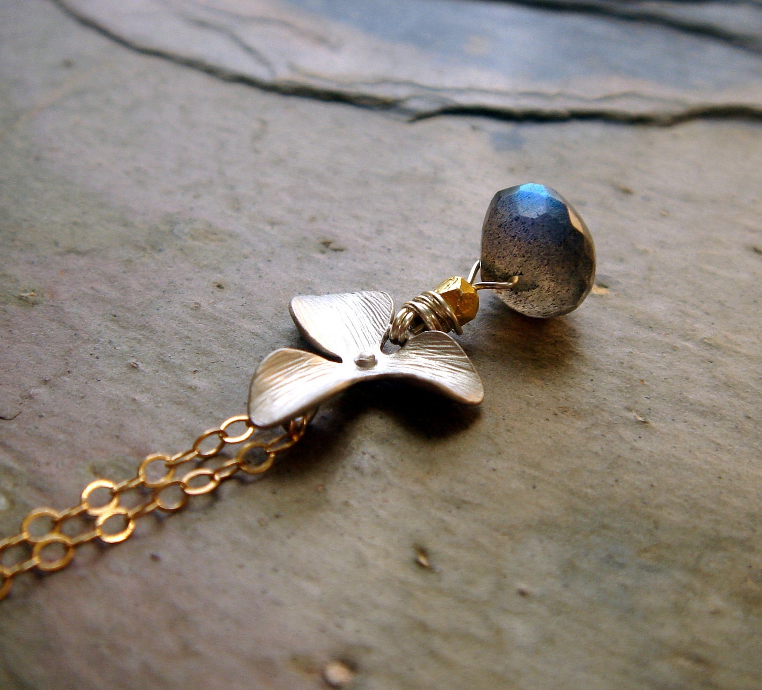 faceted petite blue flash gray labradorite briolette brushed silver flower 14k filled gold - fog necklace