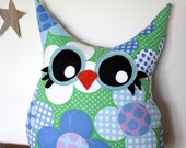 handmade owl pillow in blue- owl plush- stuffed owl- vintage fabric, owl decor