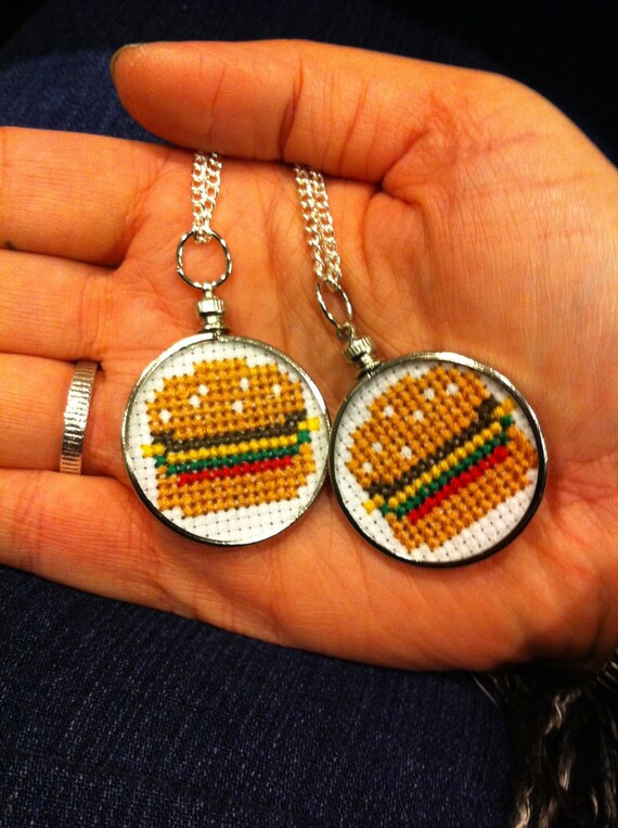 Silver Cross Stitched Burger Necklace