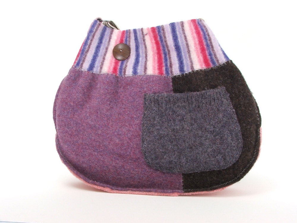 SALE - Upcycled Felt Purse -  Pink and Purple Stripes
