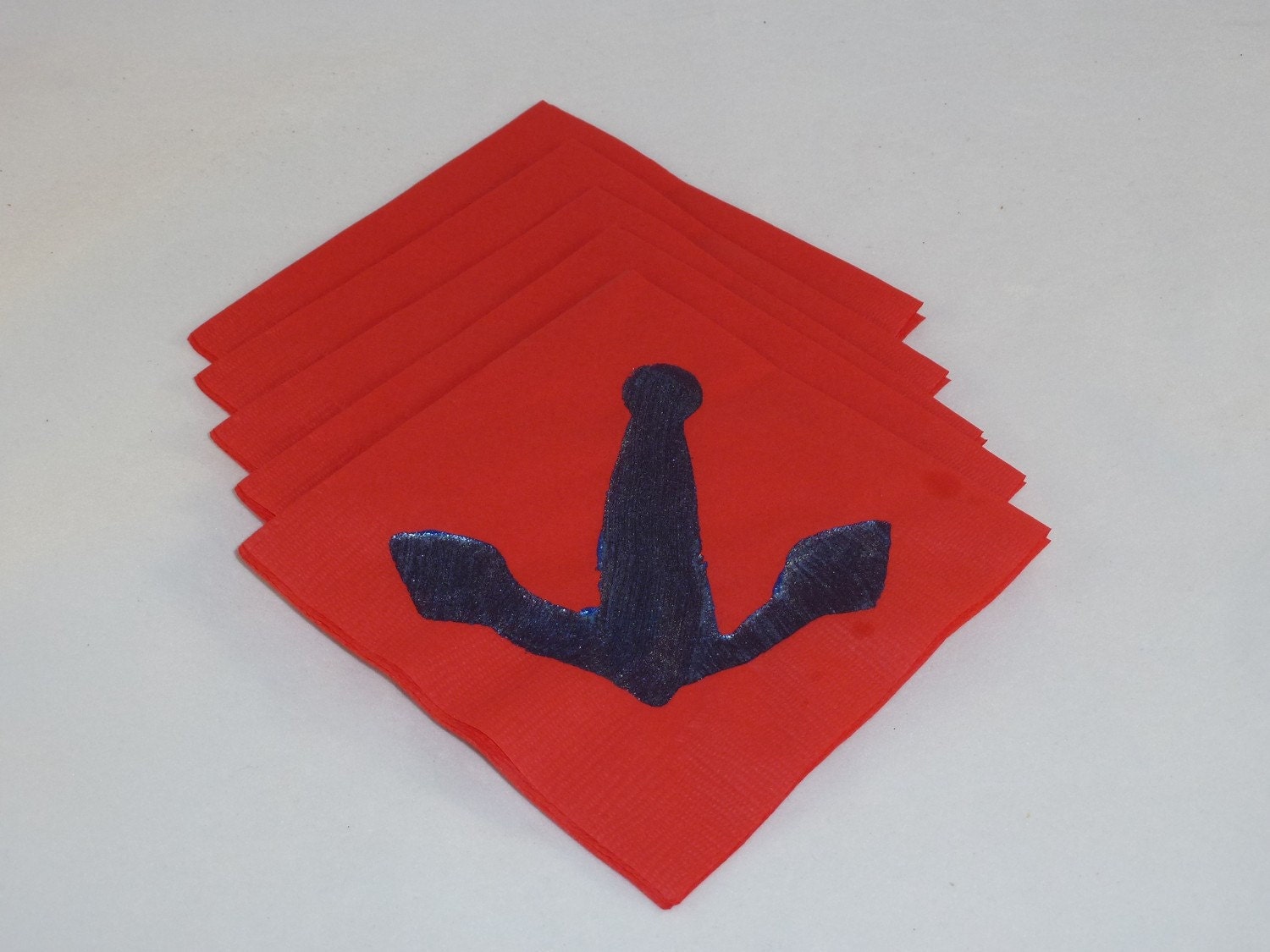 Red Paper Cocktail Napkins With Blue Anchors