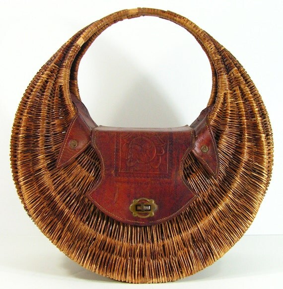 vintage purse tote bag woven straw tooled leather western cowgirl cowboy 1950s