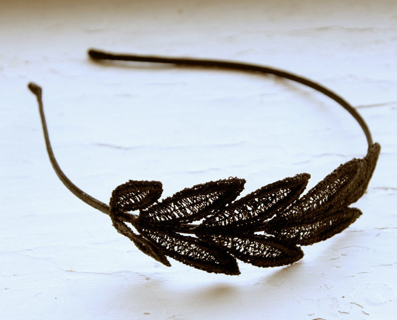 Black Lace Headband - Ariadne - Leaf Bridesmaid Fascinator - Hair Accessory For Her