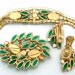 RESERVED For DANA Vintage Art Glass Parure Bracelet Brooch Earrings Green Ribbed Cabochons And AB Chatons