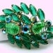 RESERVED For DANA Vintage Art Glass Parure Bracelet Brooch Earrings Green Ribbed Cabochons And AB Chatons