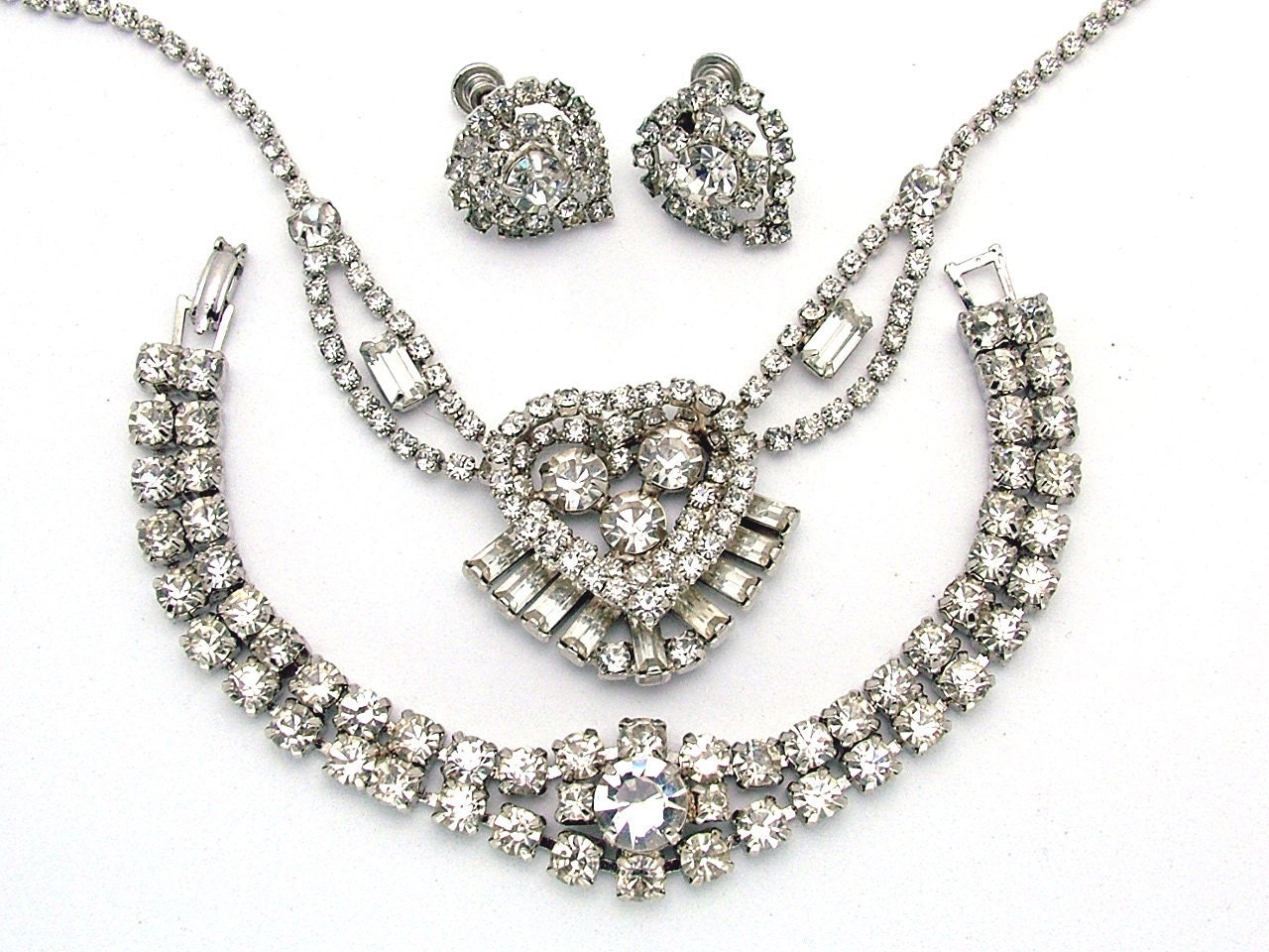 Vintage Rhinestone Set Necklace Bracelet and Earrings