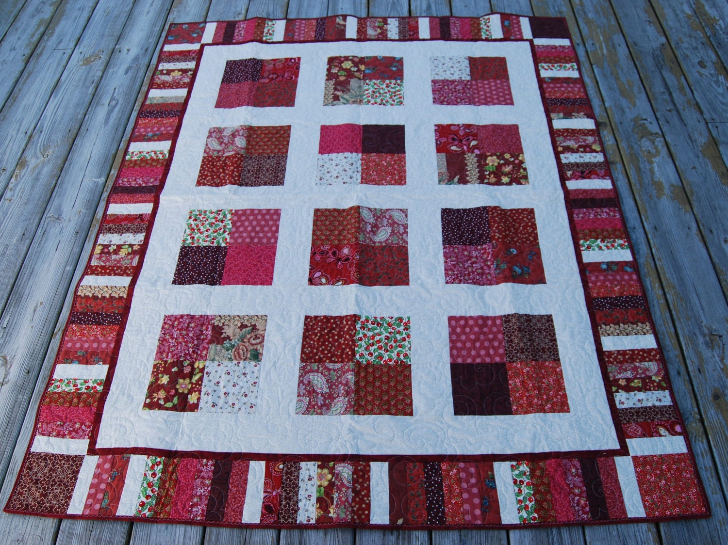 Strawberries and Cream Throw Quilt, handmade red and white quilt,