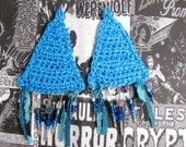 Crochet Olmec Earrings - Turquoise- Large - Dangle Beads-Wearable Fiber Art