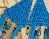 Crochet Olmec Earrings - Turquoise- Large - Dangle Beads-Wearable Fiber Art