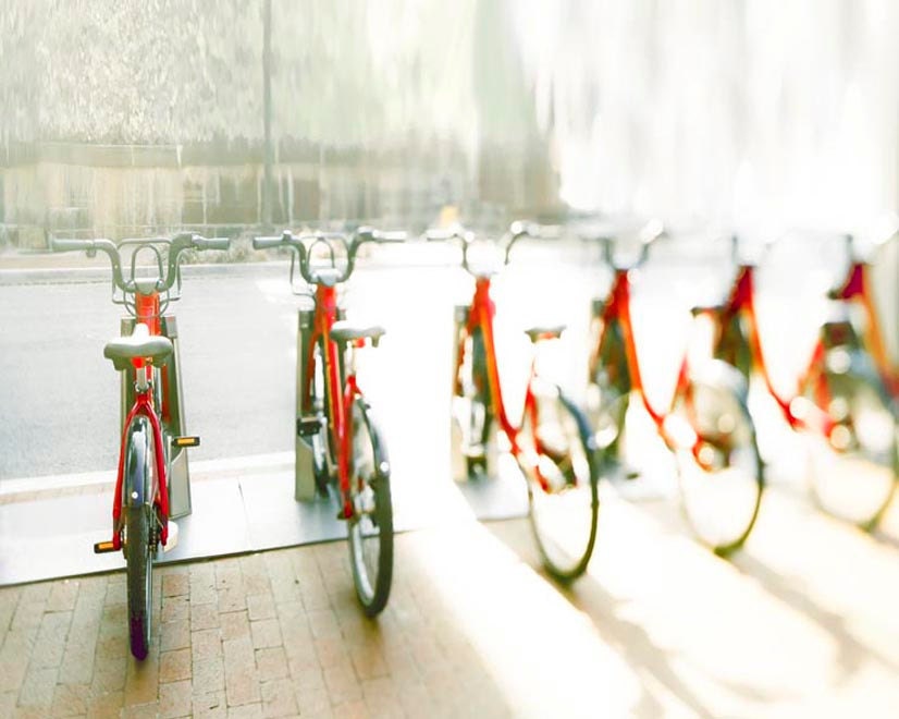 Red bikes photography, Summer, office decor for cyclists - eco friendly bike share - bright, unisex, fun