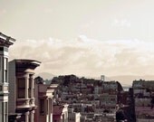 San Francisco city art, home decor, urban photograph- ombre beige- pastel - Bay Bridge, roofs, 8x10, adventure
