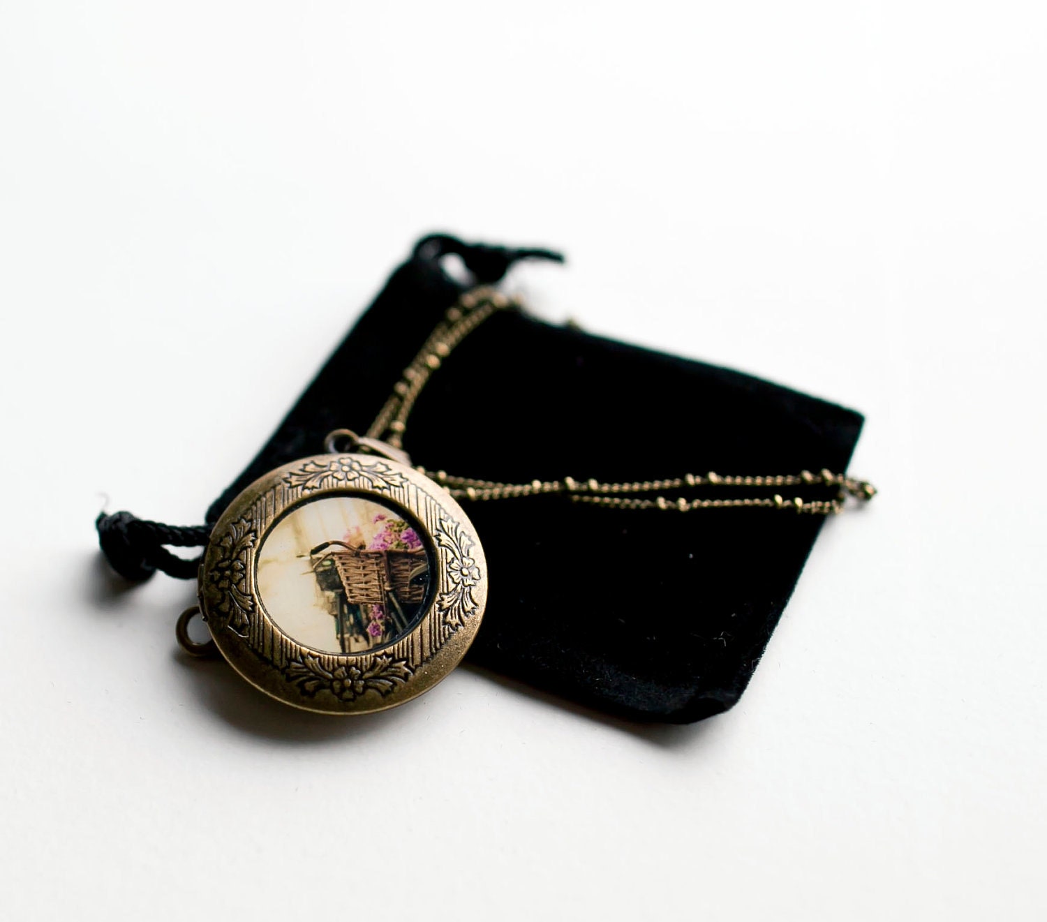 Vintage inspired locket - Shabby Chic gift idea, romantic euro bicycle locket in yellow beige and pink by raceytay