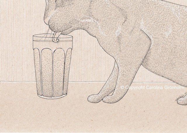 Limited Edition Art Print, Thirsty Cat Drawing 8x12'