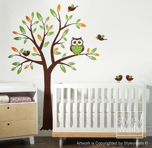 Wall decal Owl Wall decal Tree decal and Birds - Nursery Wall Decal Kids room decal Children wall decal Baby room sticker Art decor