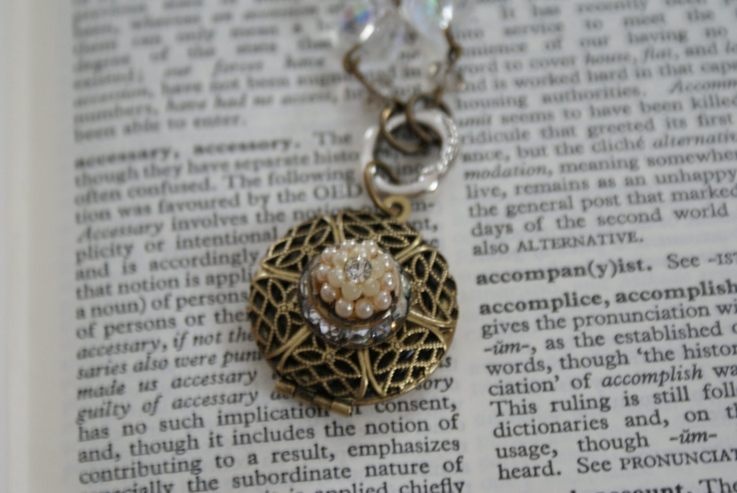 Antiqued Brass Filigree Locket with Vintage Pearl and Rhinestone Earring and Glass Beads Necklace