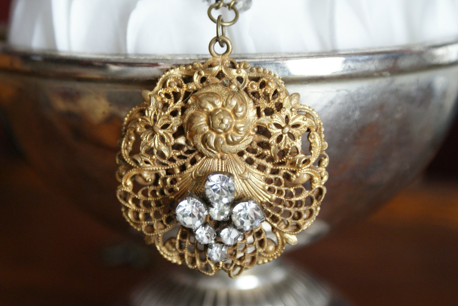 Vintage Gold Filigree Medallion with Repurposed Vintage Rhinestones Necklace