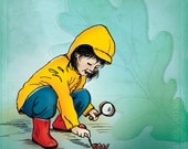 8x10 illustration print: Inspector Slicker (girl in yellow raincoat and red boots picking up oak leaf)