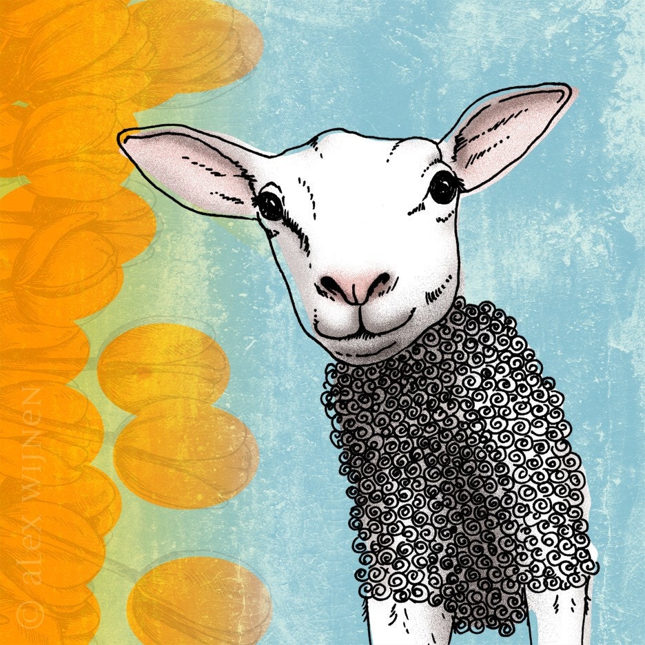 11x14 illustration print: Springtime (lamb wearing sweater with yellow tulips)
