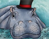 8x10 illustration print: All Dressed Up (hippo with top hat in water)