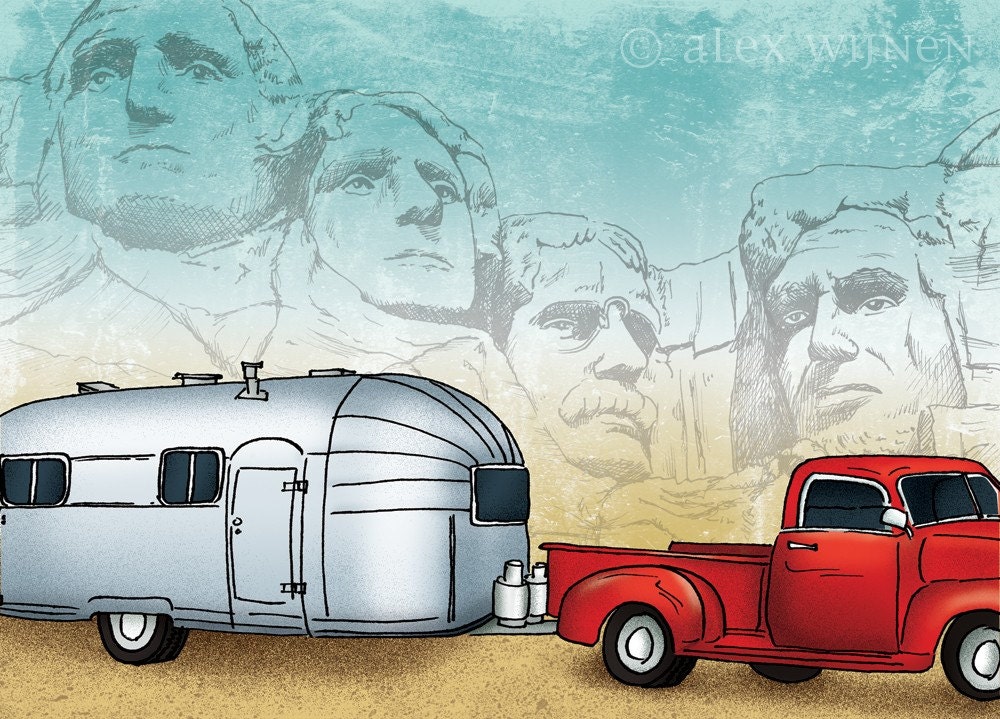 11x14 illustration print: Road Trip (Airstream trailer and red vintage truck at Mt. Rushmore)