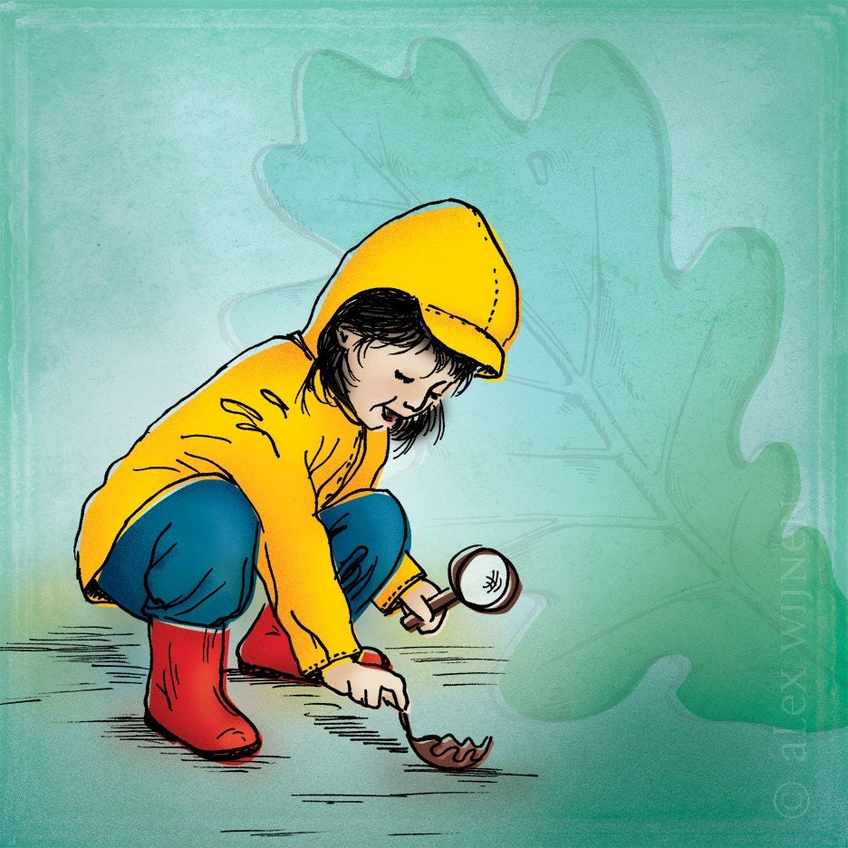 8x10 illustration print: Inspector Slicker (girl in yellow raincoat and red boots picking up oak leaf)