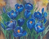 Blue Crocus Paper Giclee Print Flower Floral by Carol Thompson - carolthompsonart