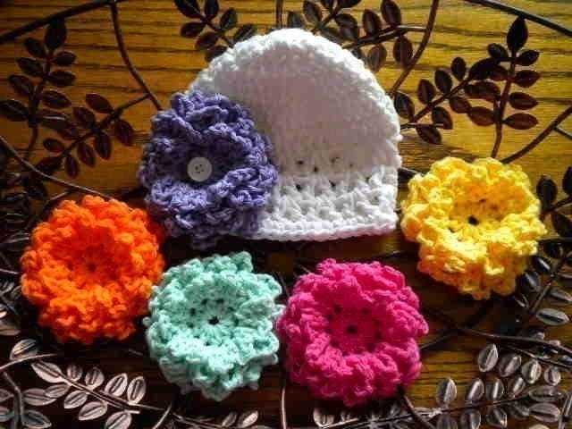 Garden Party Baby Beanie - Headband and 5 Interchangable Big Loopy Flowers -pink-orange-purple-yellow and soft teal-Great Photo Prop