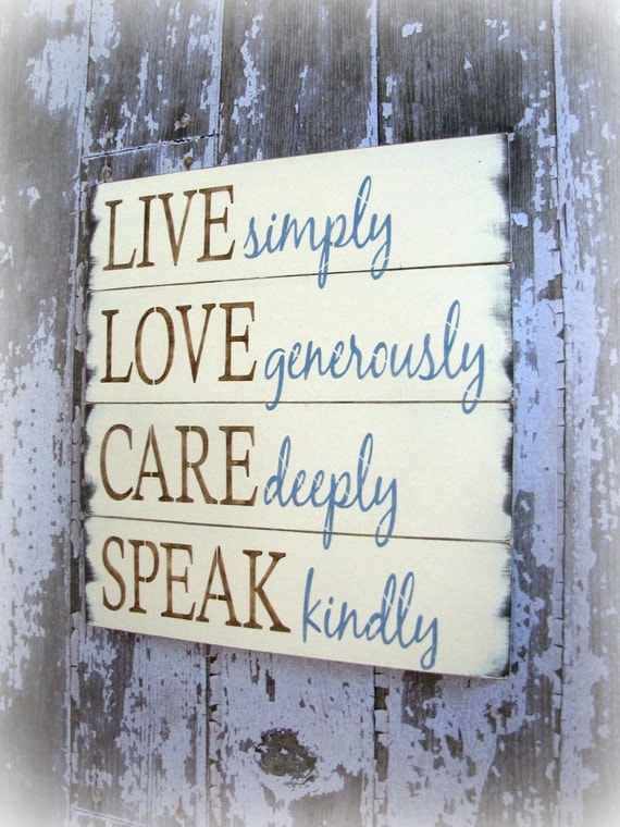 Live, Love, Care & Speak- Antiqued Plank Typography Sign-Antique White, Brown and Blue