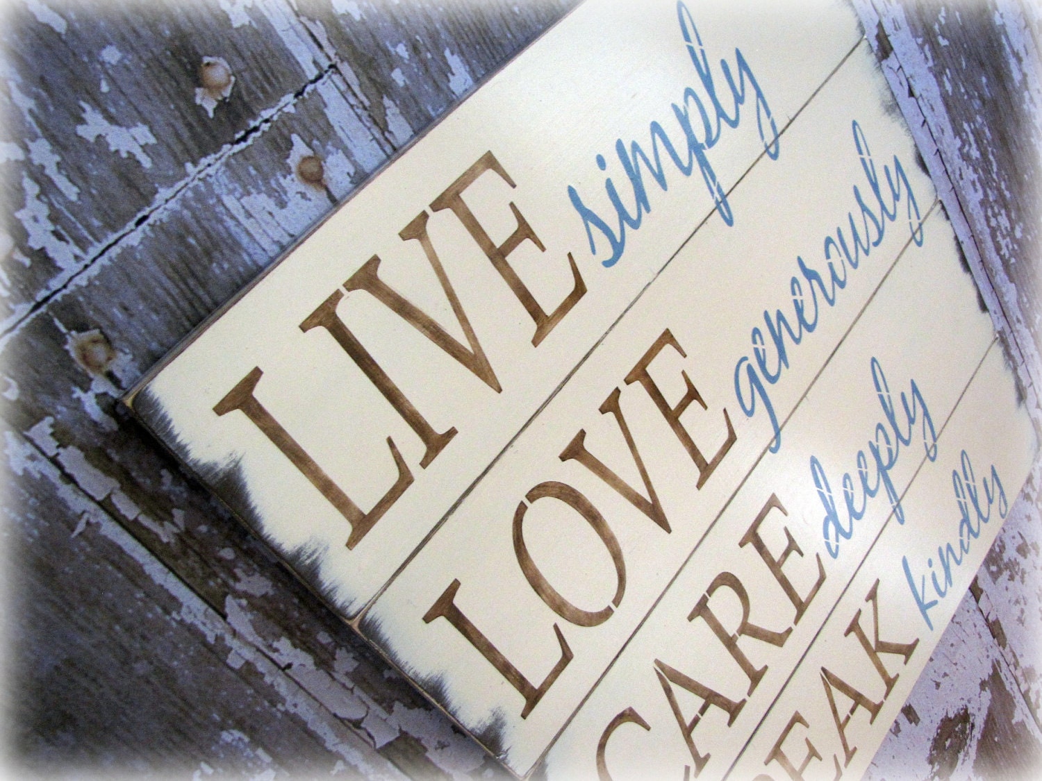 Live, Love, Care & Speak- Antiqued Plank Typography Sign-Antique White, Brown and Blue