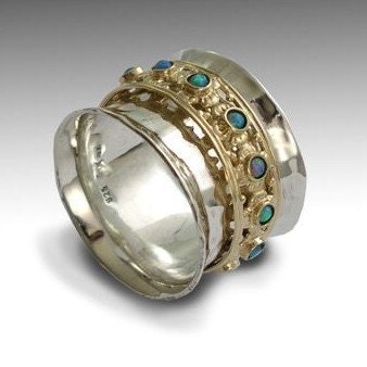 Gemstone Meditation ring - wide sterling silver band with yellow gold spinner with opals - New beginnings 2.