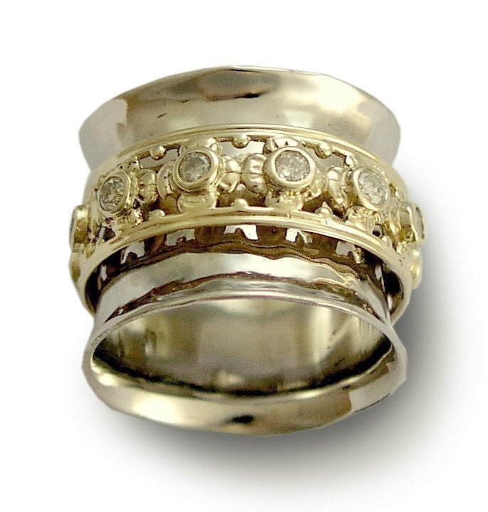 Wide sterling silver band with yellow gold spinner and clear zircons - New beginnings 2.