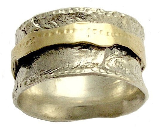 Men's and women's matching wedding bands  - Sterling silver and yellow gold meditation spinner band - Let it be .