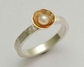 14K  white gold engagement ring with a yellow gold bowl ring inlaid fresh water pearl - Pure and innocent .