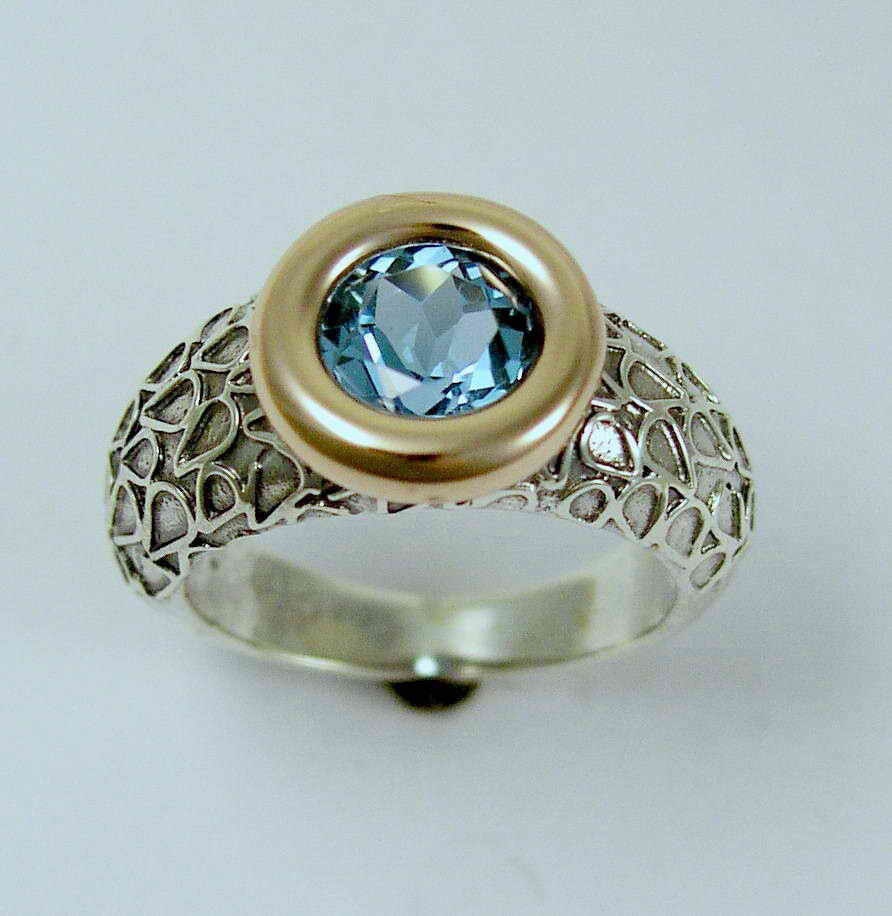 Sterling silver and yellow gold two tones ring with rose cut blue topaz gem stone - day by day.