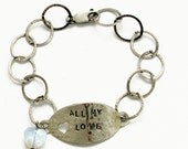 Hand stamped sterling silver promise bracelet with opalite stone - All my love.