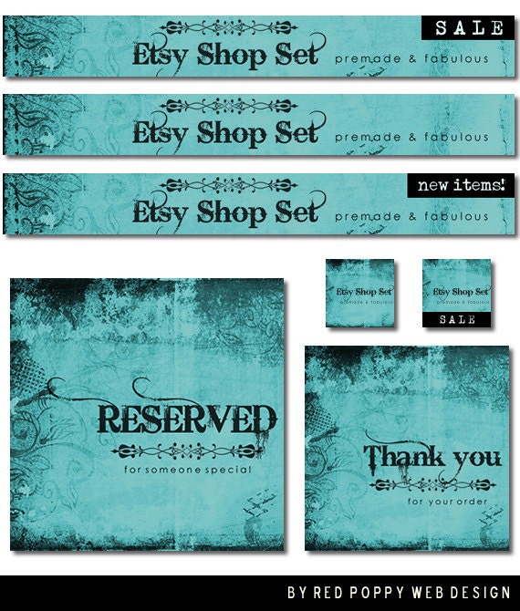 Etsy Shop Set, Premade Banner Set, Avatar, Thank you graphic, Green Blue Aqua Turquoise Black Floral Grunge Set