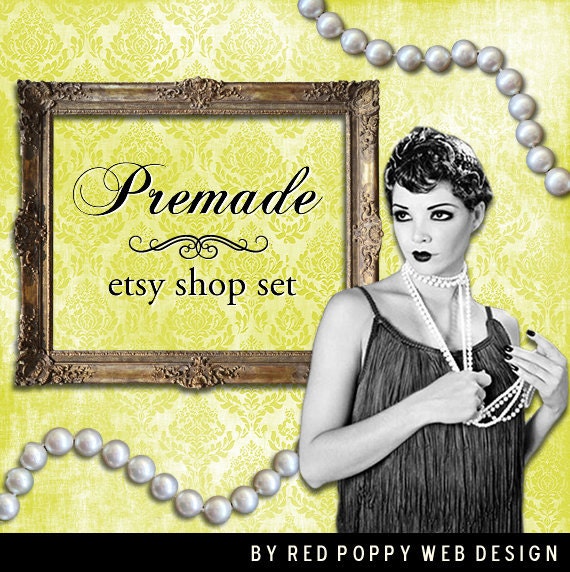 Vintage Flapper Etsy Store Banner Set, Premade Banner, Avatar, Thank you graphic, Yellow Damask Pearl Necklace Frame
