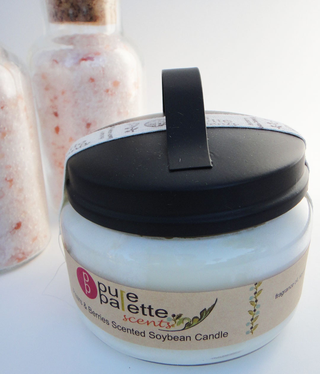 Pears n Berries Scented Aromatherapy Pure Natural Soybean Candle in Rustic Apothecary Jar w/  Black Metal Lid Premium Fragrance Eco Friendly